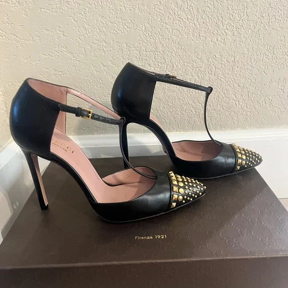 Gucci Malaga Kid Nero Black and Gold Studded T-Strap Heels - Picture 2 of 16